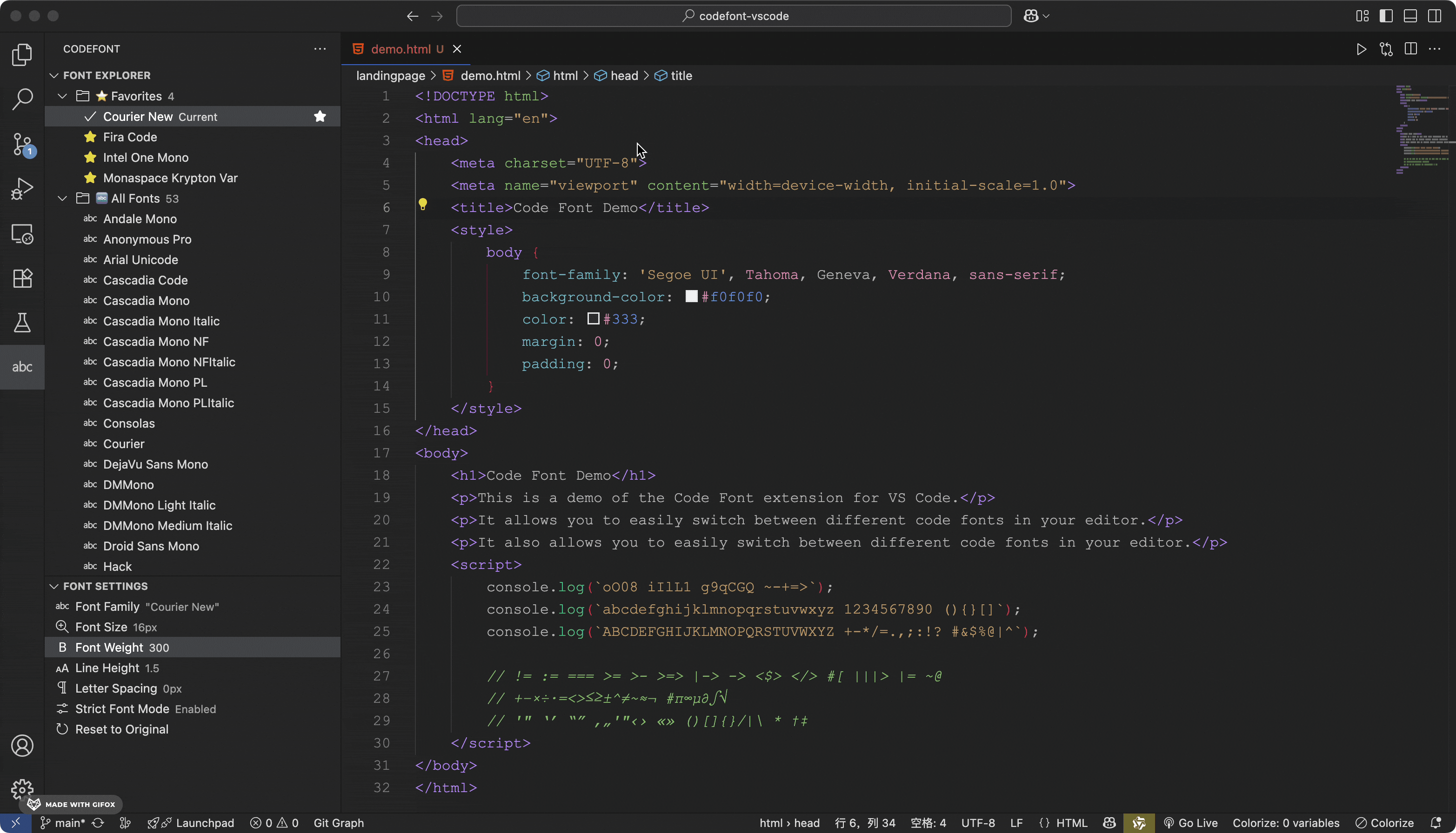 CodeFont extension in VS Code showing a clean font list in the sidebar. The activity bar displays the CodeFont icon, and the explorer panel shows available fonts organized with a 'Favorites' section at the top.